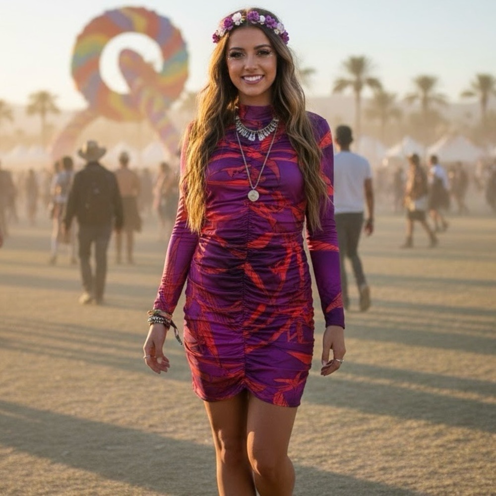 Pretty Little Thing Magenta Abstract Tropical Ruched Bodycon Dress Festival
